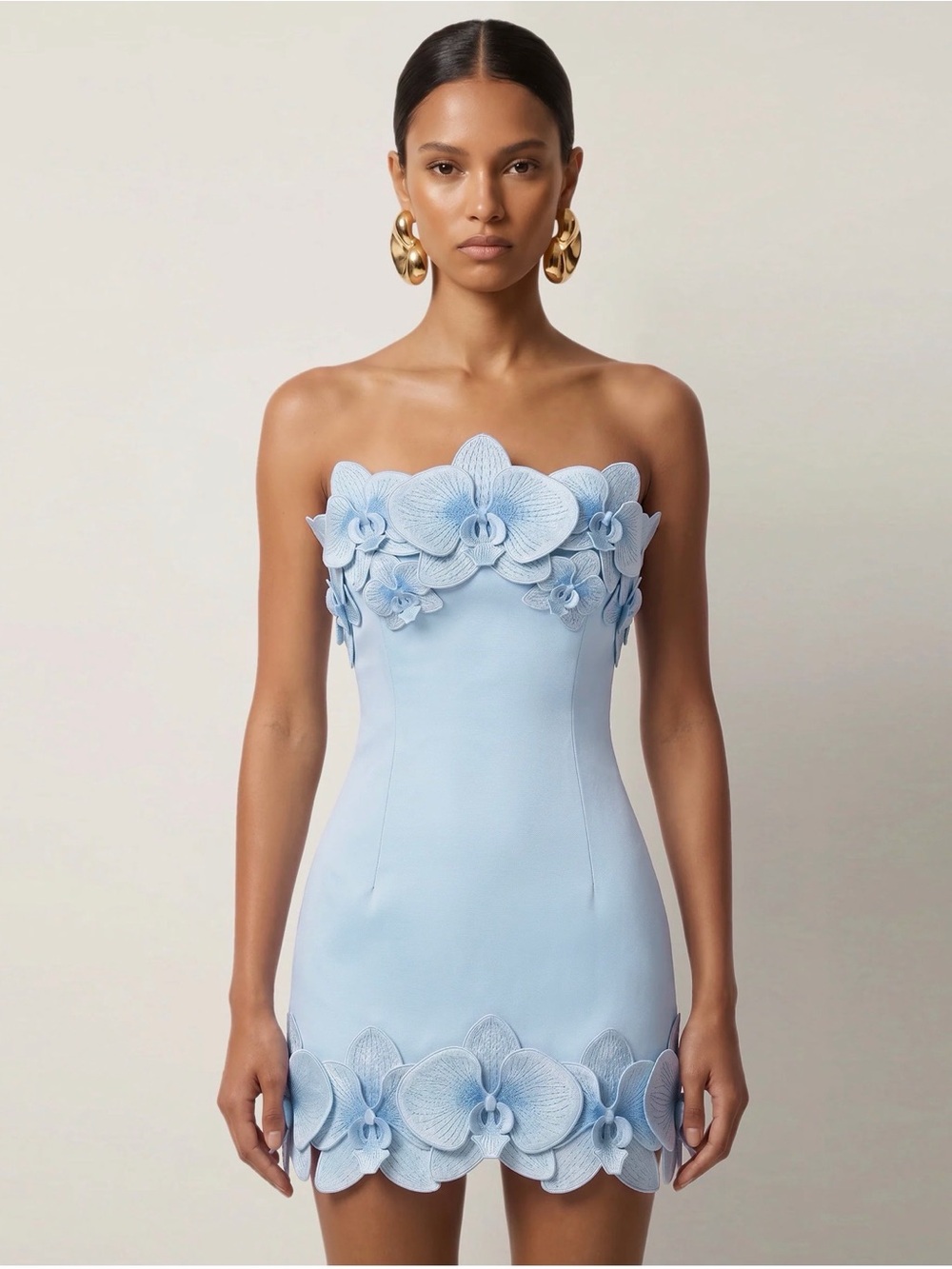 Strapless Light Blue Floral Appliqué Mini Dress NWT